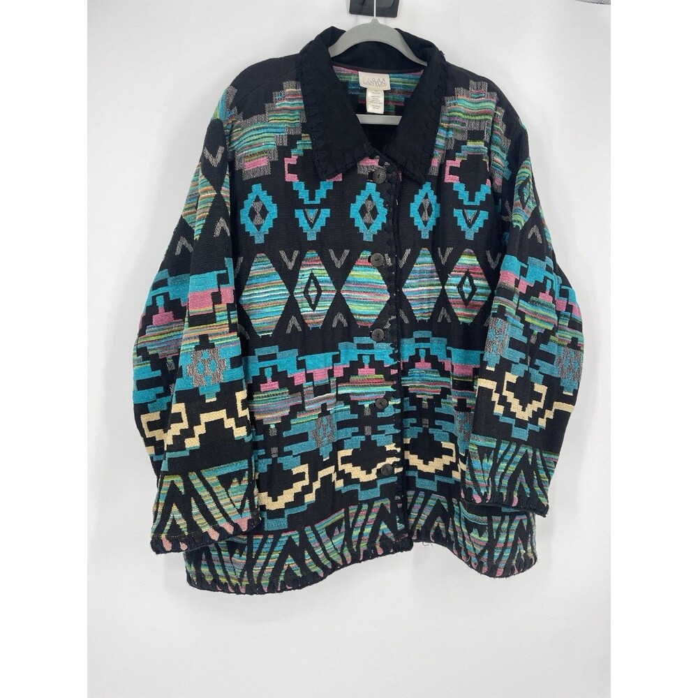 VTG Aztec Southwestern Tribal Boho Native Blanket Tapestry Chore Jacket Coat 3X - Picture 2 of 7